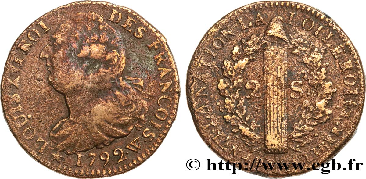 LOUIS XVI 2 sols dit au faisceau , type FRANÇOIS 1792 Lille fSS