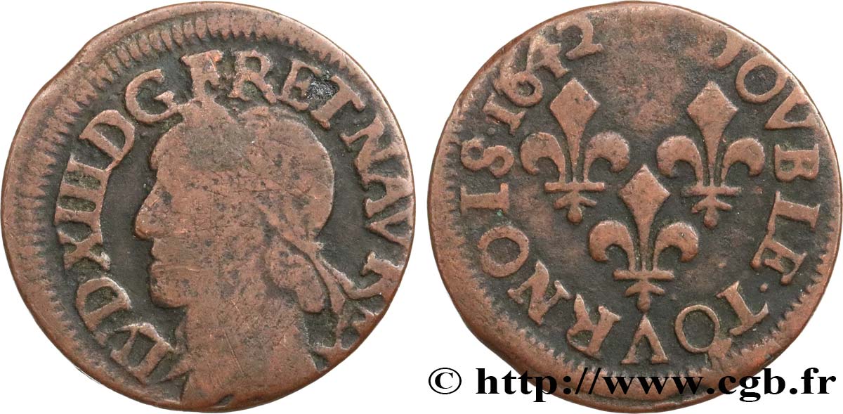 LOUIS XIII LE JUSTE Double tournois, type de Warin 1642 TB+