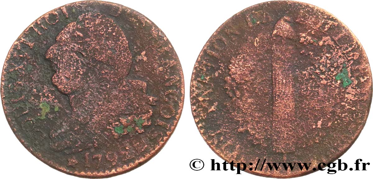 LOUIS XVI (MONARQUE CONSTITUTIONNEL) 6 deniers dit au faisceau , type FRANÇOIS 1792 Marseille AB