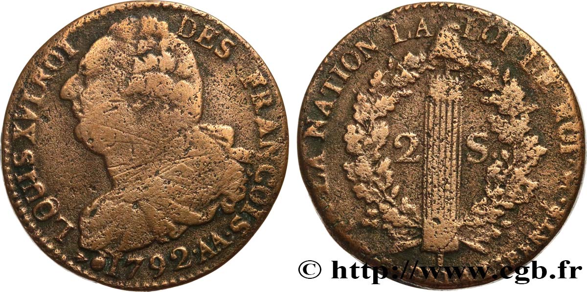 LOUIS XVI (MONARQUE CONSTITUTIONNEL) 2 sols dit au faisceau , type FRANÇOIS 1792 Metz TB