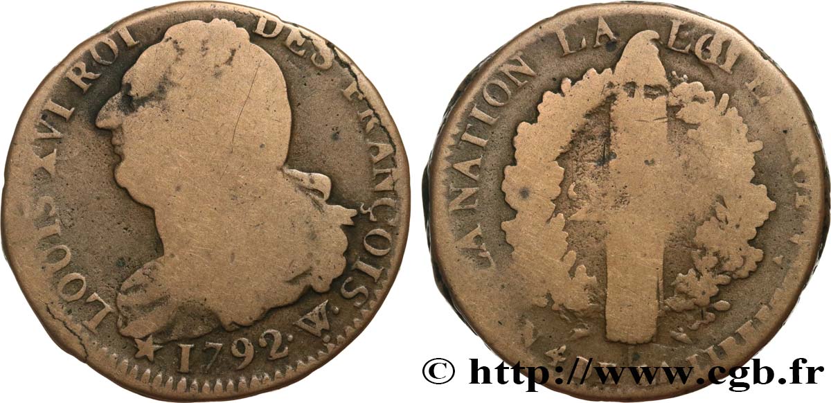 LOUIS XVI (MONARQUE CONSTITUTIONNEL) 2 sols dit au faisceau , type FRANCOIS 1792 Arras B+