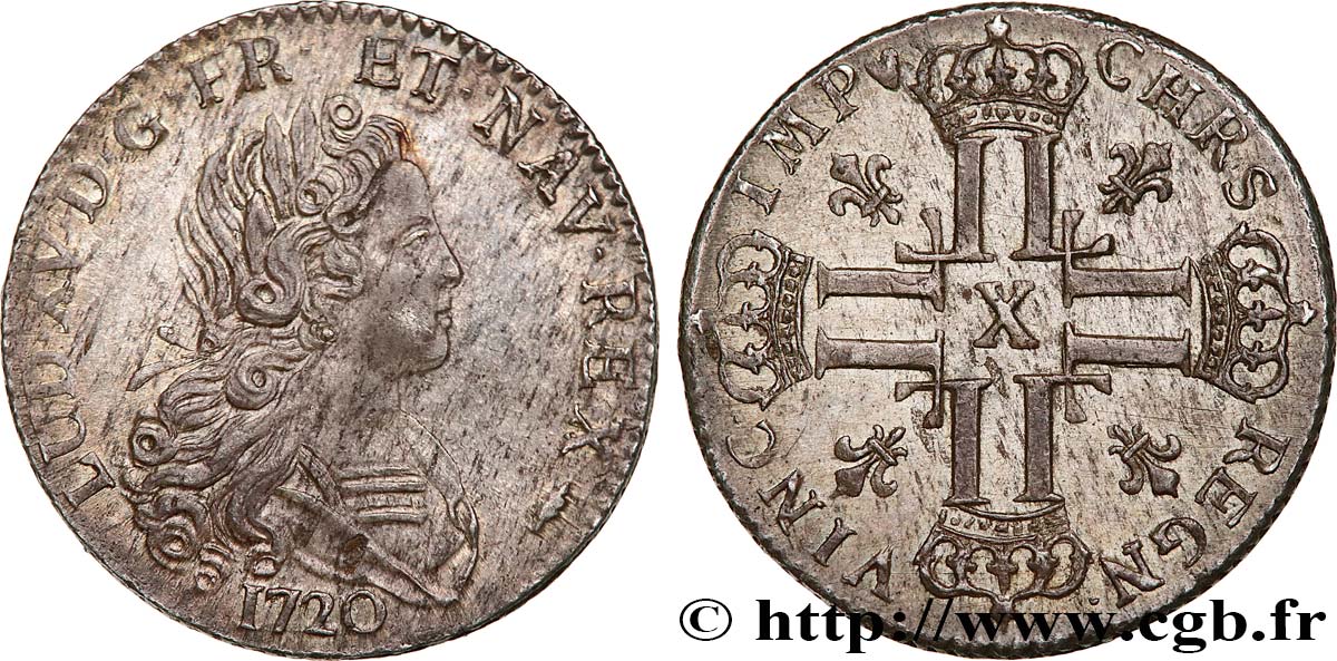LOUIS XV  THE WELL-BELOVED  Louis d’argent à la croix aux huit L couronnées 1720  Amiens VZ