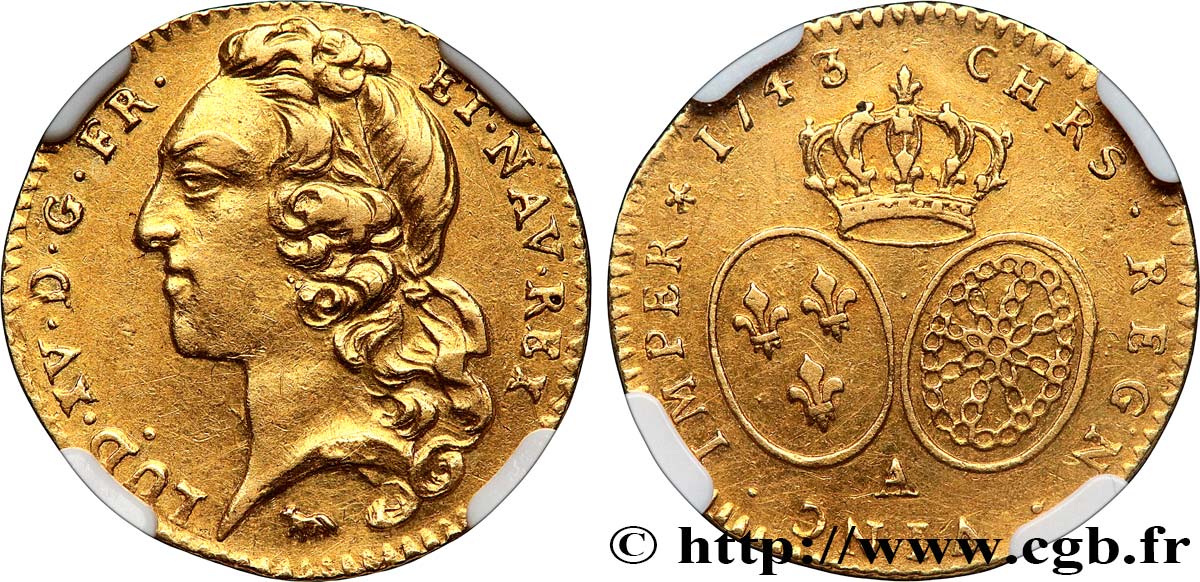 LOUIS XV THE BELOVED Demi-louis d’or aux écus ovales, tête ceinte d’un bandeau 1743 Paris AU