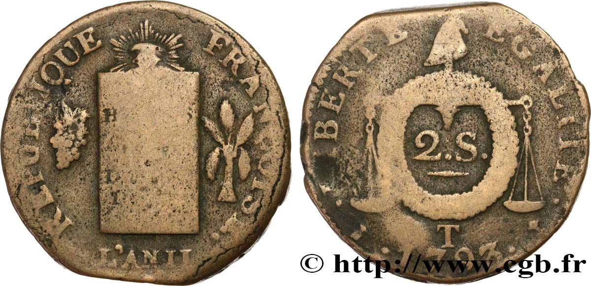 LA CONVENTION 2 sols dit à la table de loi 1793 Nantes B+