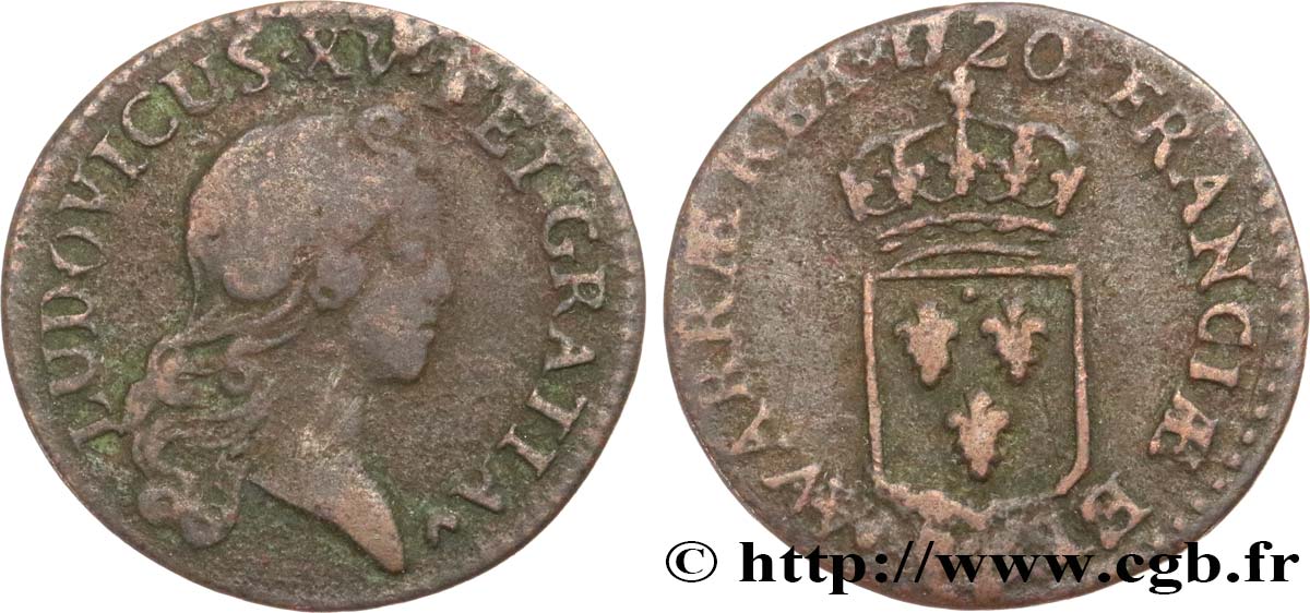 LOUIS XV THE WELL-BELOVED Liard au buste enfantin 1720 Strasbourg S