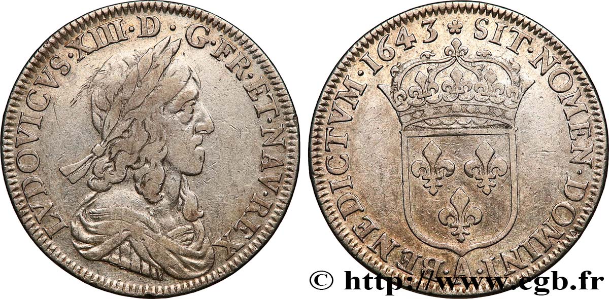 LOUIS XIII LE JUSTE Demi-écu, buste drapé et cuirassé (2e buste de Jean Warin) 1643 Paris, Monnaie de Matignon TB+/TTB