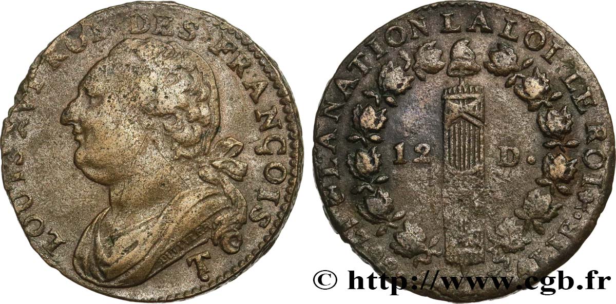 LOUIS XVI (MONARQUE CONSTITUTIONNEL) 12 deniers dit au faisceau , type FRANÇOIS 1792 Saumur TB+