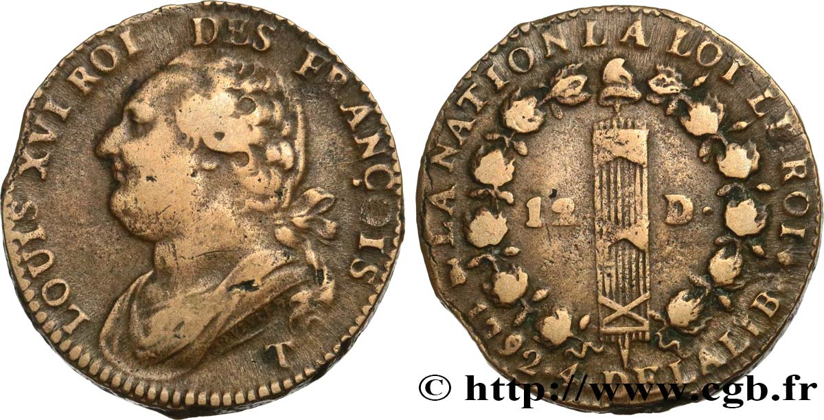 LOUIS XVI 12 deniers dit au faisceau , type FRANÇOIS 1792 Nantes fSS