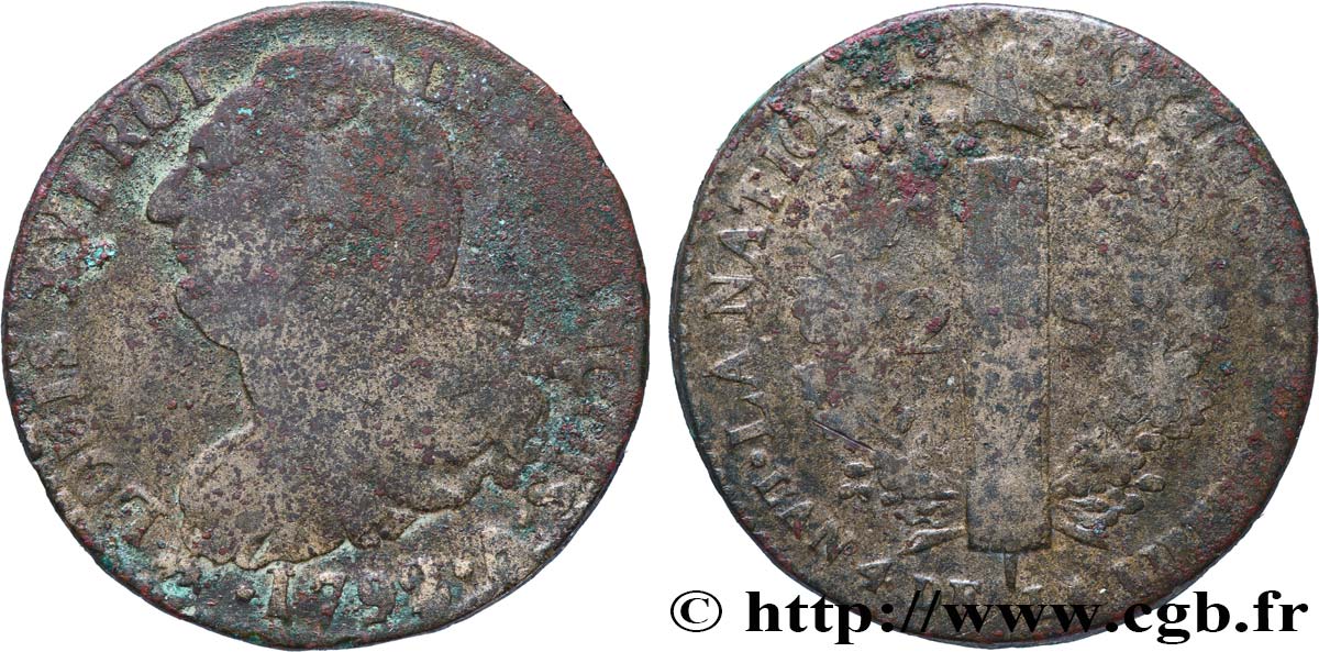 LOUIS XVI 2 sols dit au faisceau , type FRANÇOIS 1792 Paris SGE