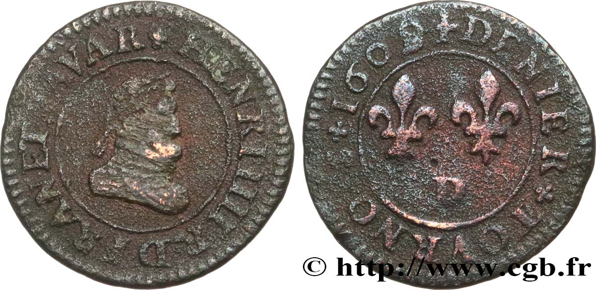 HENRY IV Denier tournois, type A 1609 Lyon q.BB