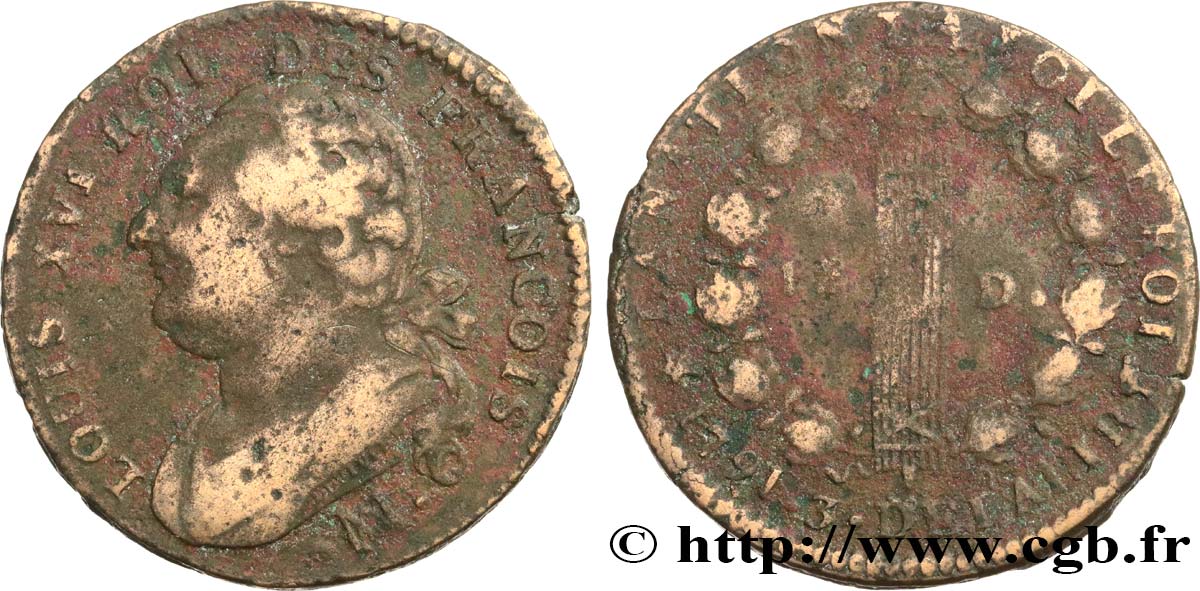 LOUIS XVI (MONARQUE CONSTITUTIONNEL) 12 deniers dit au faisceau , type FRANCOIS 1791 Marseille B+