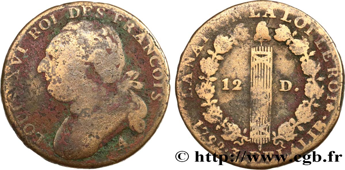 LOUIS XVI (MONARQUE CONSTITUTIONNEL) 12 deniers dit au faisceau , type FRANÇOIS 1792 Paris B+/TB