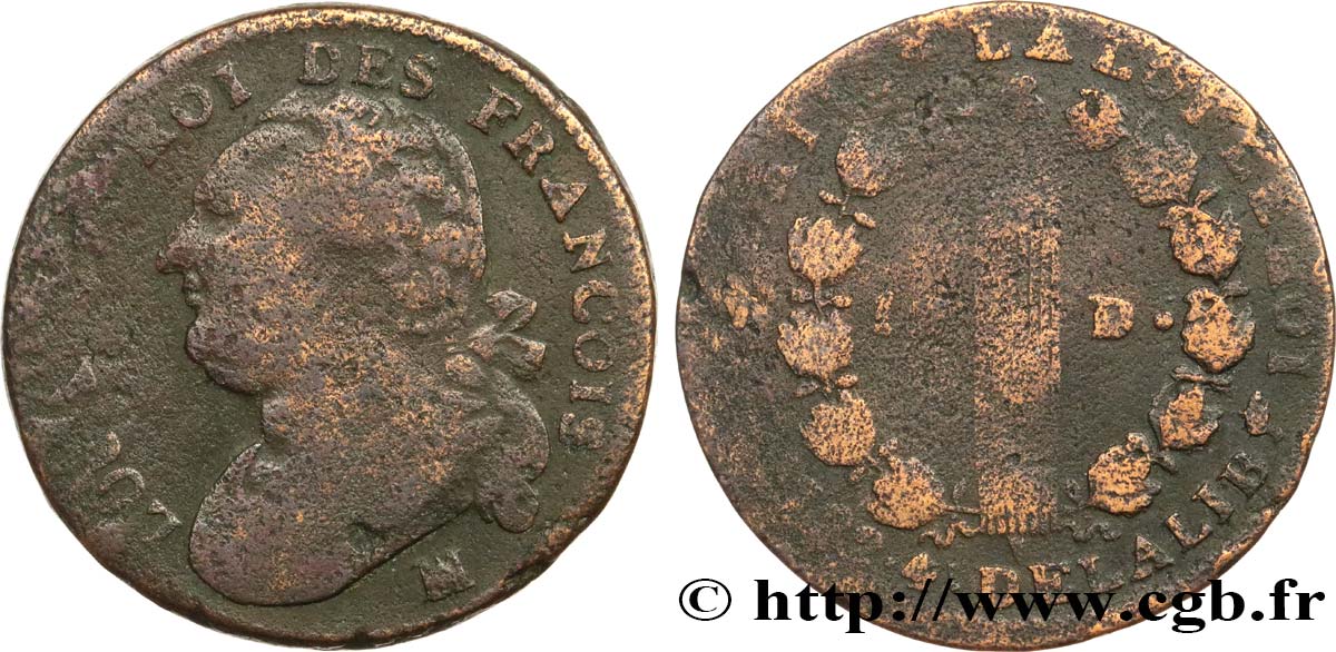 LOUIS XVI (MONARQUE CONSTITUTIONNEL) 12 deniers dit au faisceau , type FRANCOIS 1792 Marseille B+
