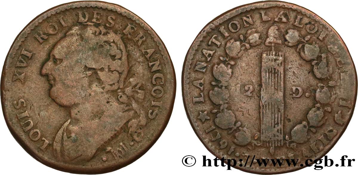 LOUIS XVI (MONARQUE CONSTITUTIONNEL) 12 deniers dit au faisceau , type FRANCOIS 1791 Marseille TB