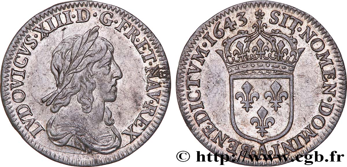 LOUIS XIII LE JUSTE Douzième d écu, buste drapé et cuirassé (2e buste de Jean Warin) 1643 Paris, Monnaie de Matignon SUP