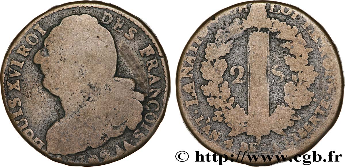 LOUIS XVI (MONARQUE CONSTITUTIONNEL) 2 sols dit au faisceau , type FRANÇOIS 1792 Metz TB