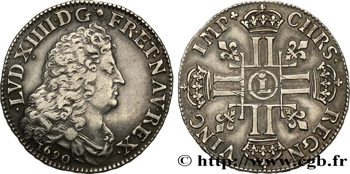 LOUIS XIV  THE SUN KING  Demi-écu aux huit L, 1er type 1690 Lille AU
