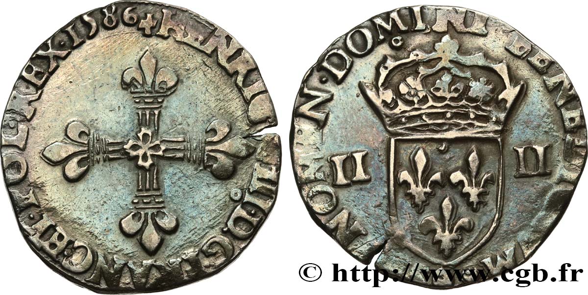 HENRI III Quart d écu, croix de face 1586 Rennes TTB