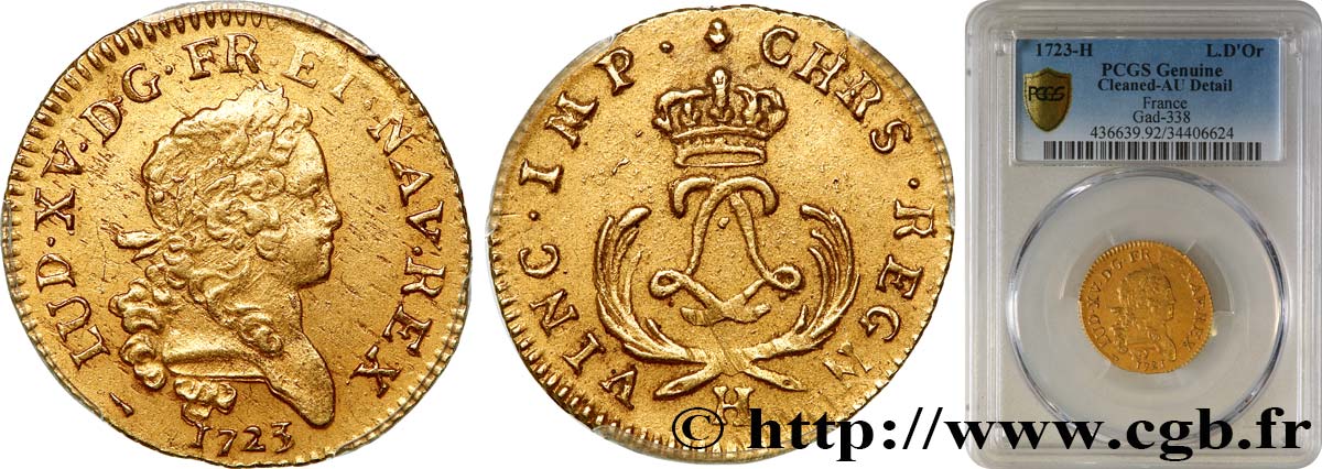 LOUIS XV  THE WELL-BELOVED  Louis d or aux deux L entrelacées et aux palmes courtes 1723 La Rochelle EBC