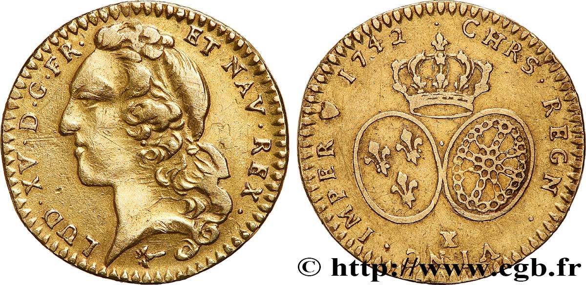 LOUIS XV  THE WELL-BELOVED  Demi-louis d’or aux écus ovales, tête ceinte d’un bandeau 1742 Amiens XF/AU