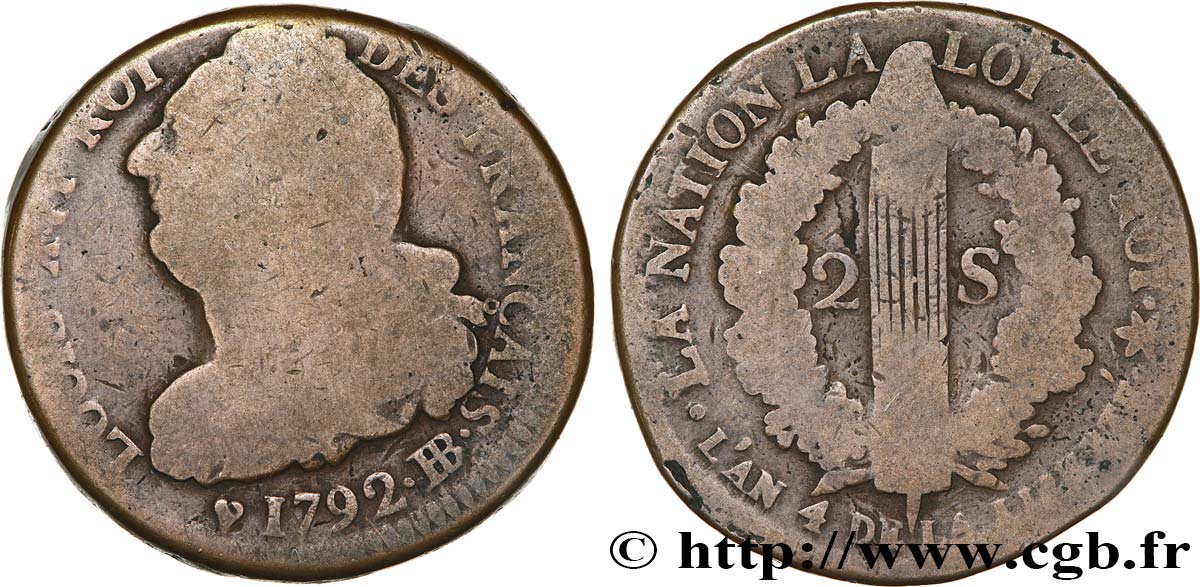 LOUIS XVI (MONARQUE CONSTITUTIONNEL) 2 sols dit au faisceau , type FRANÇAIS 1792 Strasbourg TB