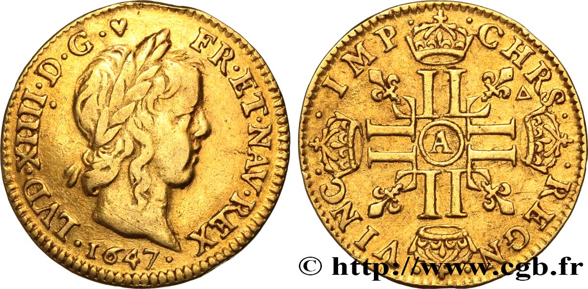 LOUIS XIV LE GRAND OU LE ROI SOLEIL Demi-louis d’or aux huit L, portrait à la mèche longue 1647 Paris TTB/TTB+