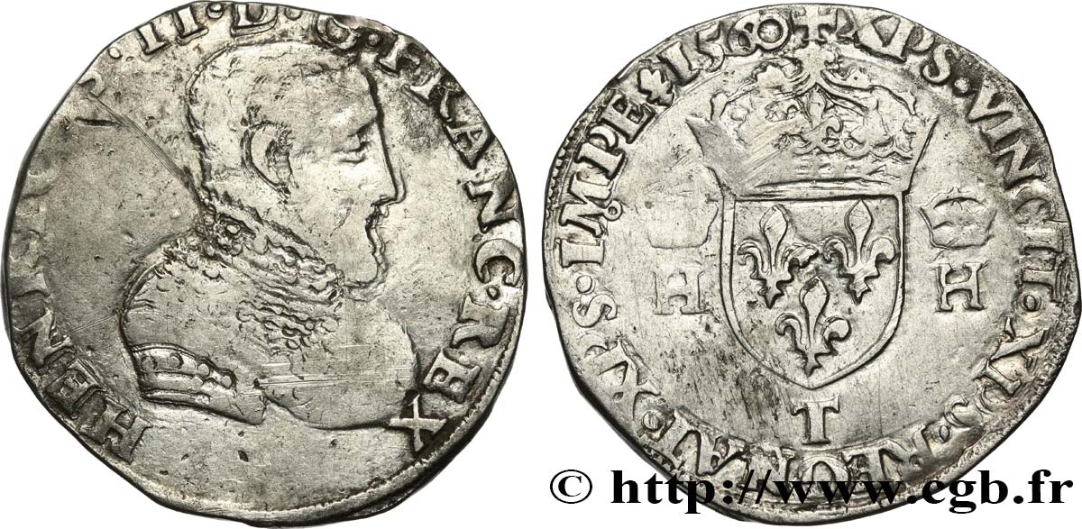CHARLES IX COINAGE IN THE NAME OF HENRY II Teston à la tête nue, 1er type 1560 Nantes VF/VF