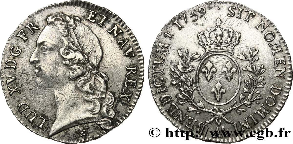LOUIS XV  THE WELL-BELOVED  Écu aux branches d’olivier, tête ceinte d’un bandeau 1759 Metz AU