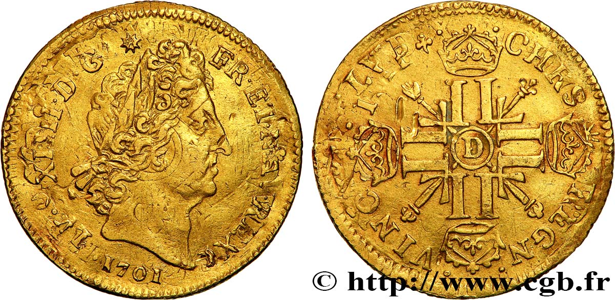 LOUIS XIV  THE SUN KING  Louis d’or aux huit L et aux insignes 1701 Lyon XF