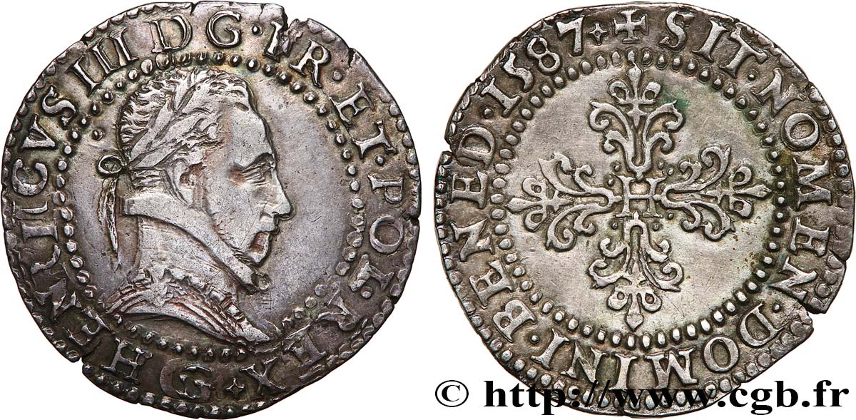 HENRI III Demi-franc au col plat 1587 Poitiers TTB+/SUP