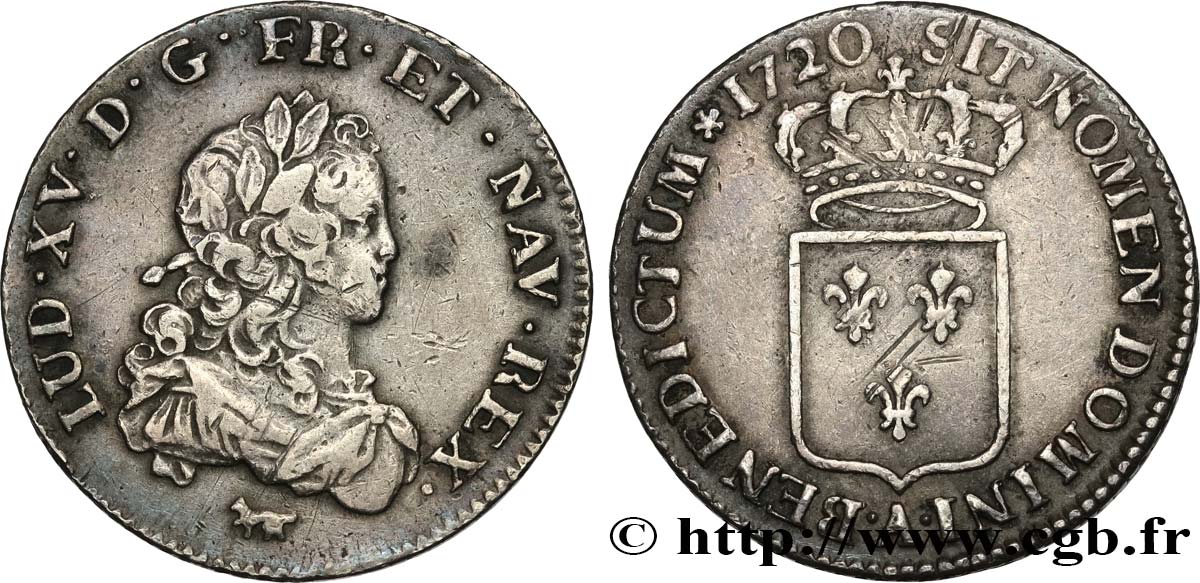 LOUIS XV THE WELL-BELOVED Tiers d écu de France 1720 Paris SS