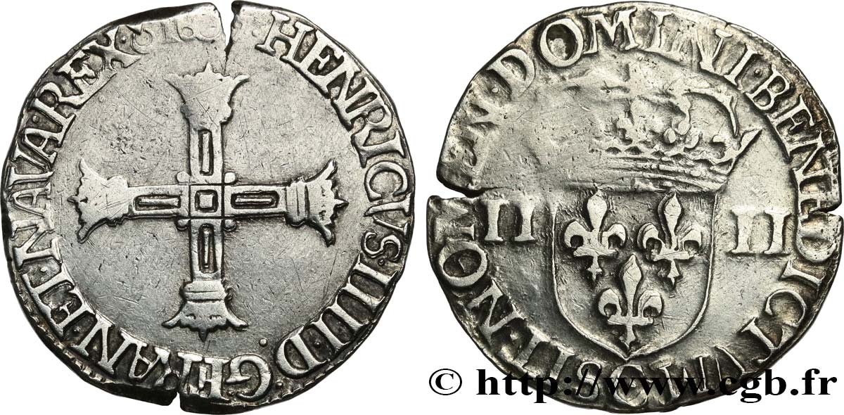 HENRY IV Quart d écu, croix bâtonnée et couronnée de face 1607 Saint-Lô XF