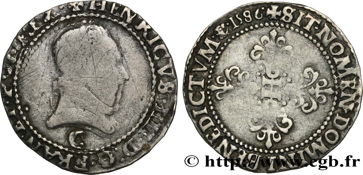 HENRY III Quart de franc au col plat 1586 Saint-Lô VF/XF