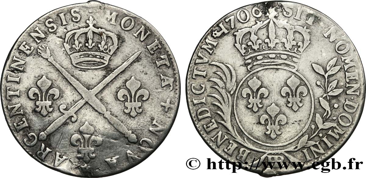 LOUIS XIV  THE SUN KING  Trente-trois sols aux insignes 1706 Strasbourg XF
