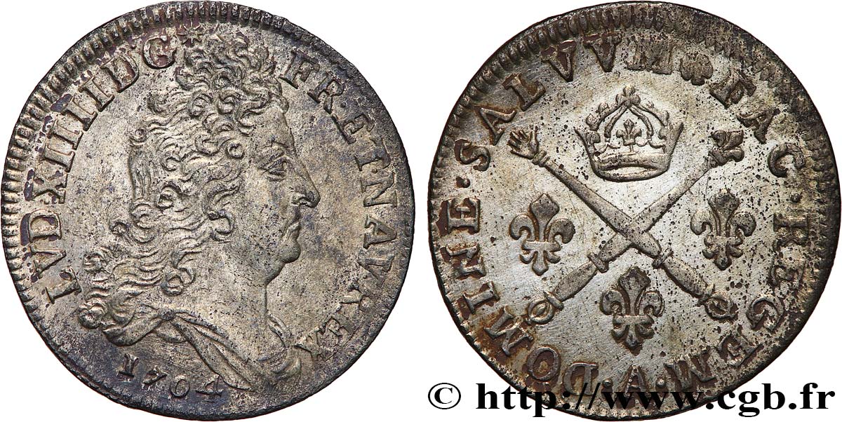 LOUIS XIV  THE SUN KING  10 sols aux insignes 1704 Paris q.SPL
