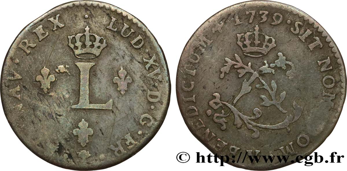 LOUIS XV THE BELOVED Double sol de billon 1739 Troyes VF
