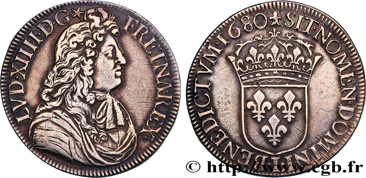 LOUIS XIV  THE SUN KING  Écu, portrait à la cravate courte 1680 Bayonne XF