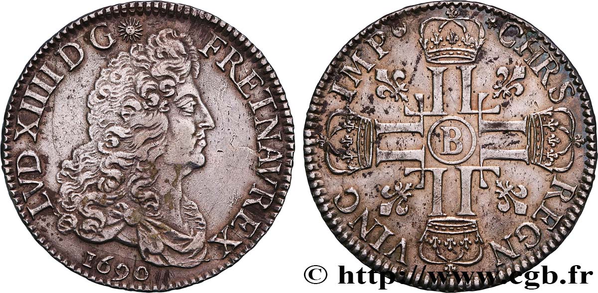 LOUIS XIV  THE SUN KING  Écu aux huit L, 1er type 1690 Rouen q.SPL