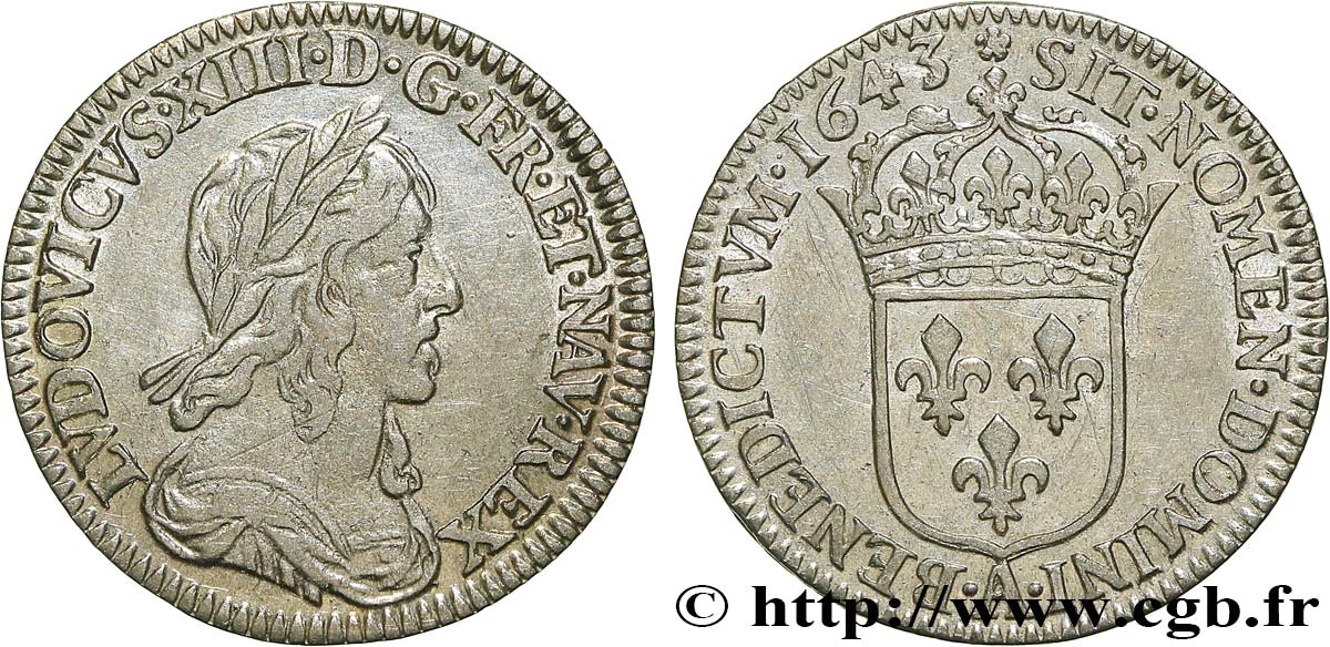 LOUIS XIII LE JUSTE Douzième d écu, buste drapé et cuirassé (2e buste de Jean Warin) 1643 Paris, Monnaie de Matignon TTB