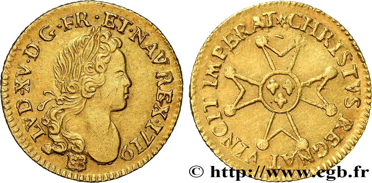 LOUIS XV  THE WELL-BELOVED  Demi-louis d’or à la croix de chevalier 1719 Strasbourg VZ