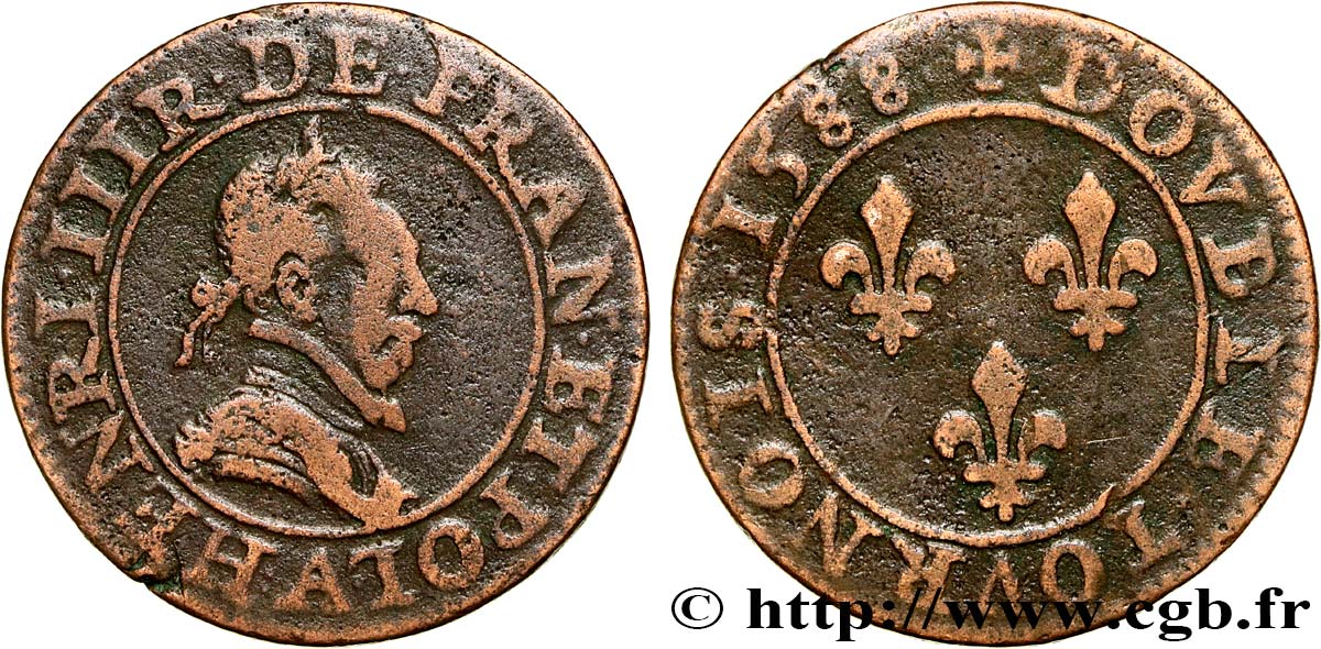 HENRY III Double tournois, 2e type de Paris, frappé au moulin 1588 Paris VF
