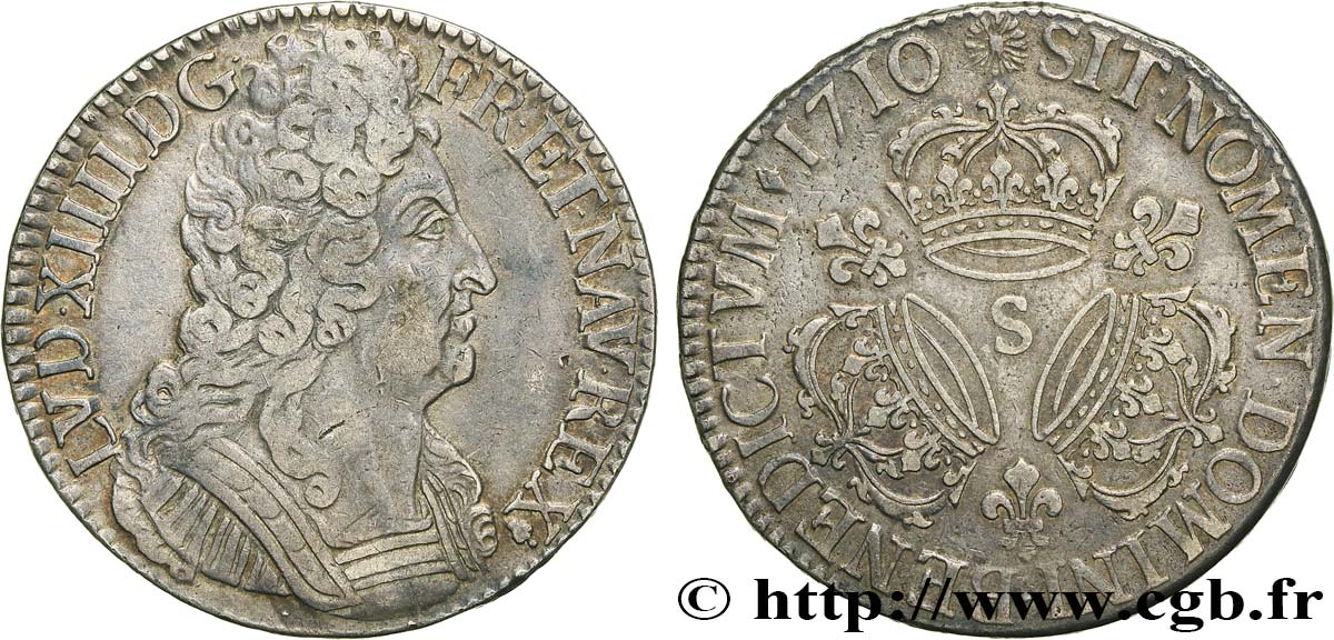 LOUIS XIV  THE SUN KING  Écu aux trois couronnes 1710 Reims SS
