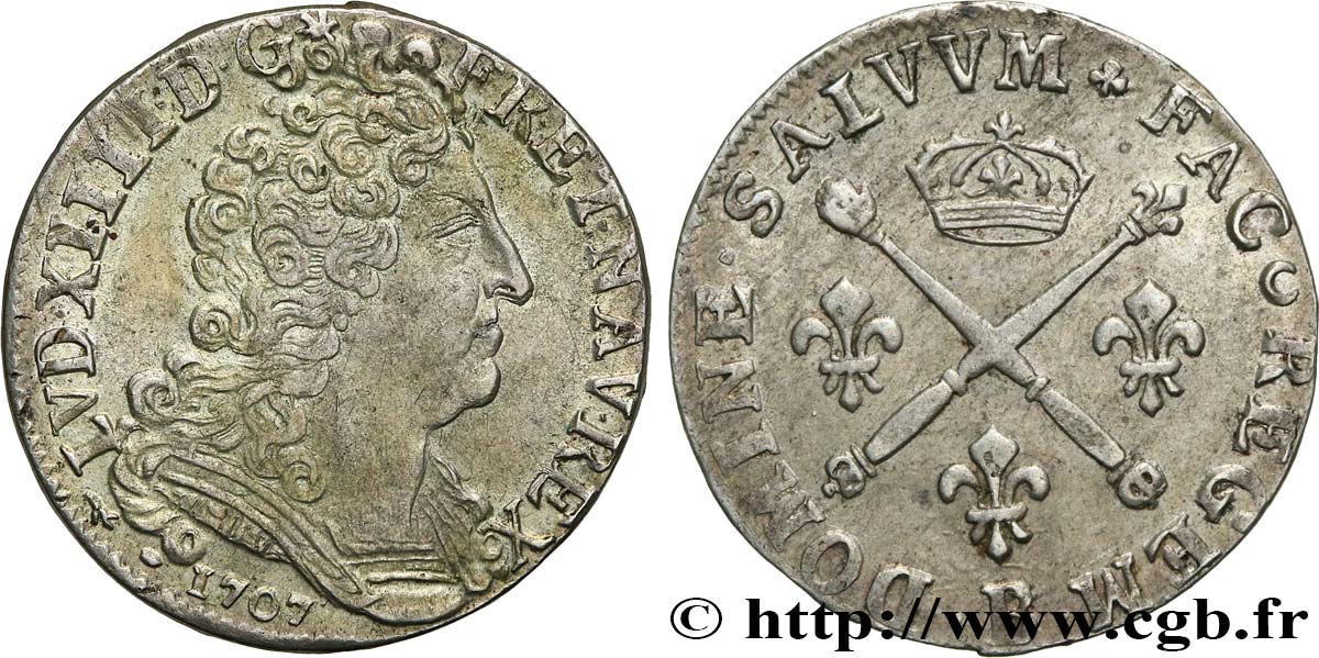 LOUIS XIV  THE SUN KING  20 sols aux insignes 1707 Rouen q.SPL