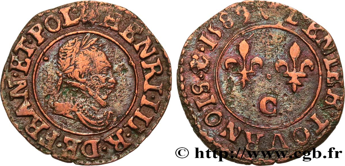 HENRI III Denier tournois, type de Saint-Lô 1589 Saint-Lô TB+