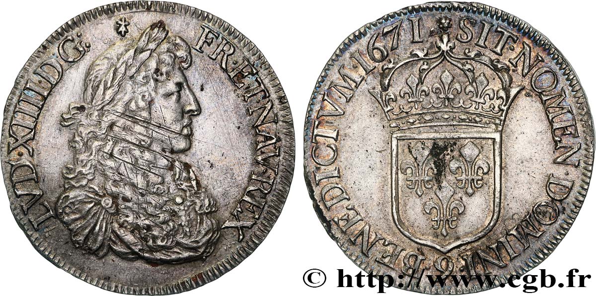 LOUIS XIV  THE SUN KING  Écu, portrait apollinien 1671 Rennes q.SPL/SPL