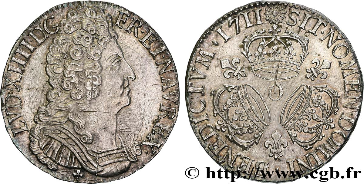 LOUIS XIV  THE SUN KING  Écu aux trois couronnes 1711 Riom VZ