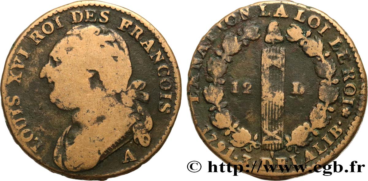 LOUIS XVI 12 deniers dit  au faisceau , type FRANCOIS 1791 Paris, Monnaie du Louvre S/fSS