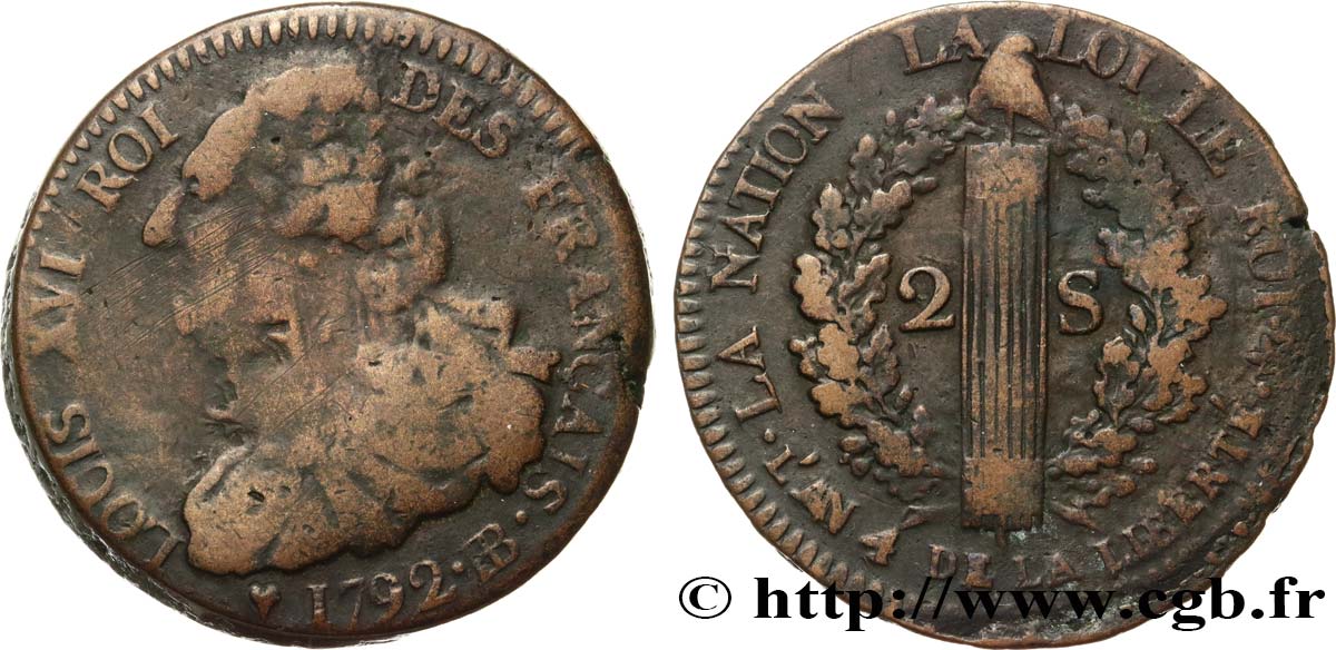LOUIS XVI (MONARQUE CONSTITUTIONNEL) 2 sols dit au faisceau , type FRANÇAIS 1792 Strasbourg TB/TB+