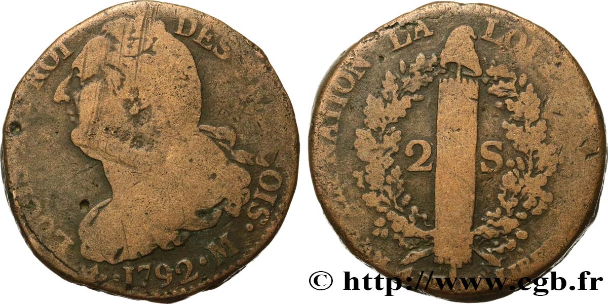 LOUIS XVI (MONARQUE CONSTITUTIONNEL) 2 sols dit au faisceau , type FRANÇOIS 1792 Toulouse B+