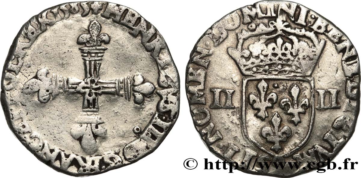 HENRI III Quart d écu, croix de face 1585 Rennes TB